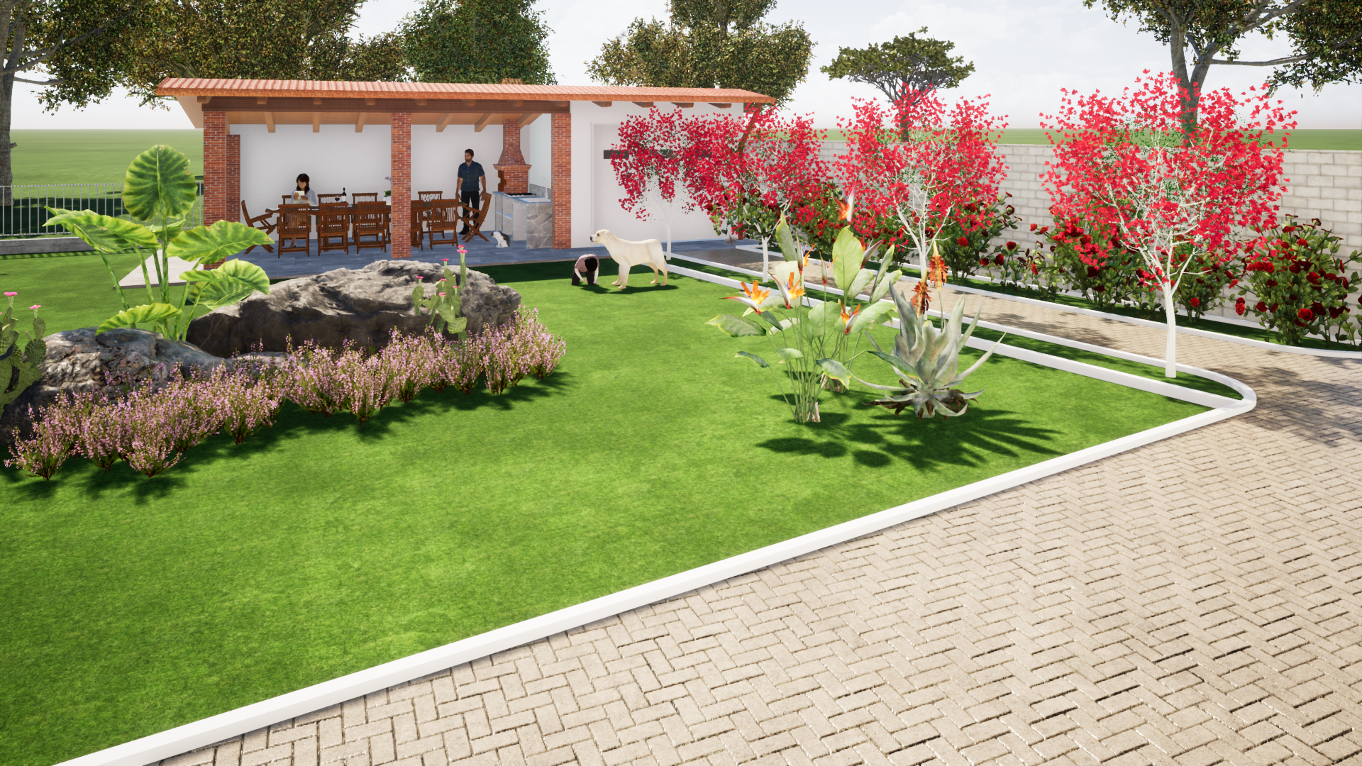 Vista diurna del progetto 3D della tettoia e del giardino