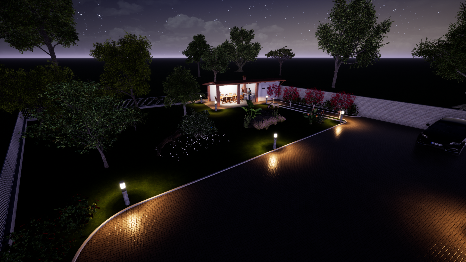 Vista notturna del progetto 3D della tettoia con illuminazione esterna