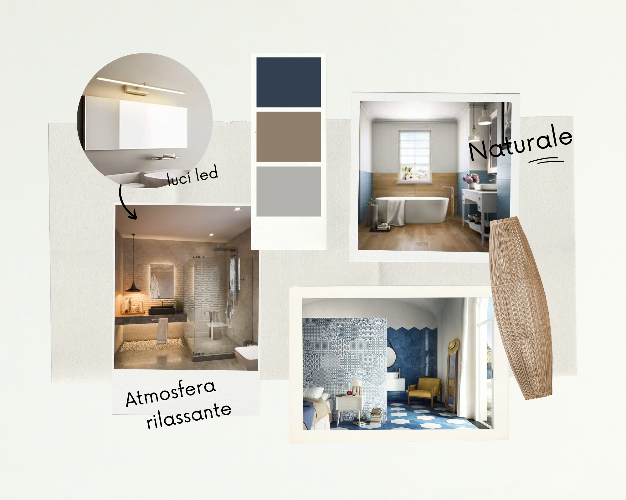 Moodboard per bagno con palette blu, legno, luce calda e materiali naturali
